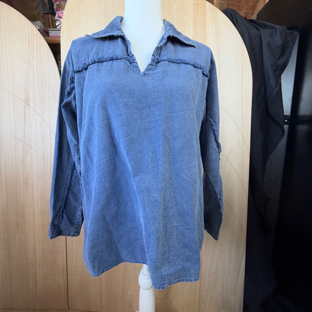 Co-Habitat Tunic Top M Blue Cotton Long Sleeve Fringe Raw Edge Boho Pullover